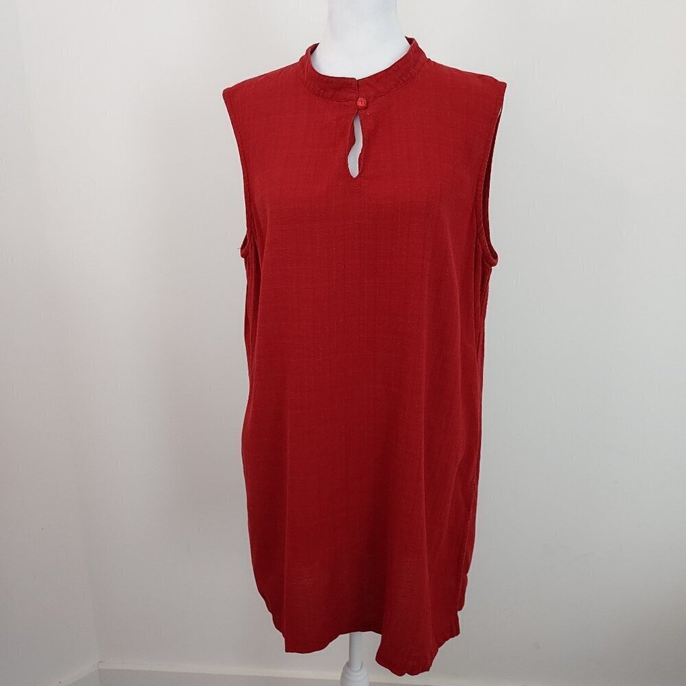 Eileen Fisher Linen Blend Red Mandarin Collar Sleeveless Tunic Top Size Large